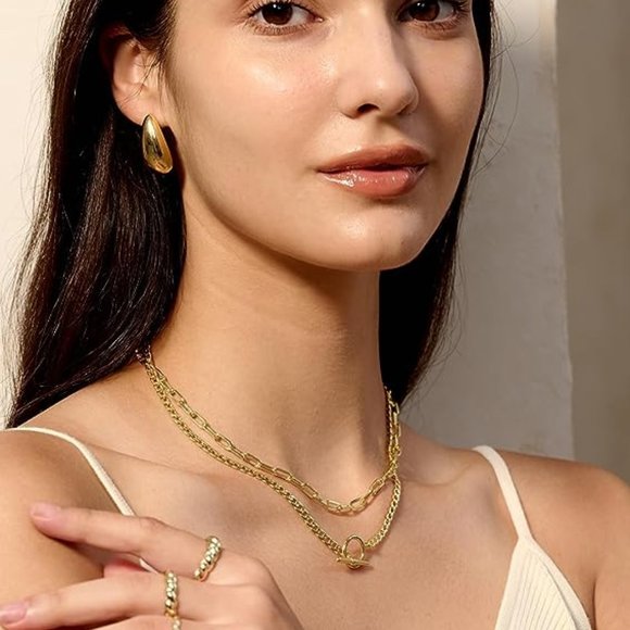 14K Dainty Gold Necklace Set of 2 Minimalist Layered Thin‎ Chain Link Jewelry - Picture 4 of 8